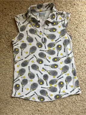 IBKUL Gray Tennis Racket Print Sleeveless Athletic Tank with Yellow Accents